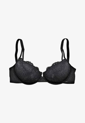 Reggiseno in pizzo nero con coppe imbottite, bordi scallop, spalline regolabili e un pannello trasparente sulla fascia. Design classico con una texture intricatissima.