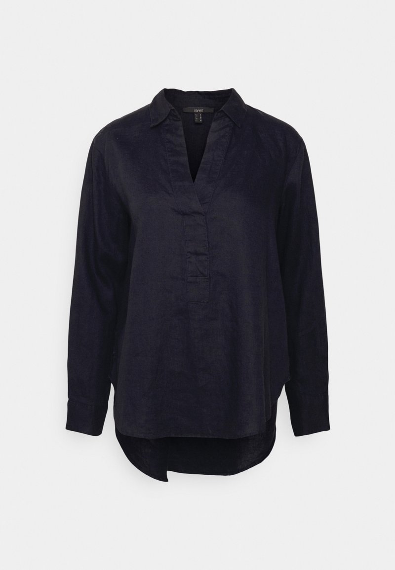 Blouse en lin noir à manches longues avec col et encolure en V, ourlet arrondi plus long à l'arrière, poignets boutonnés, coupe ample.