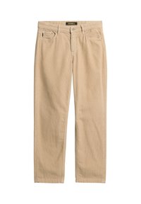 Pantalon en velours côtelé beige avec bouton et fermeture éclair à l'avant, passants de ceinture et design cinq poches, posé à plat sur un fond blanc.