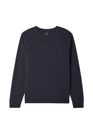 Felpa blu navy con scollo a V e polsini a costine. Realizzata in tessuto morbido, presenta un colletto texturizzato e un orlo dritto. Taglia XL.