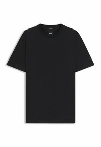 Schwarz T-Shirt mit kurzen Ärmeln aus einem glatten Baumwollmix, mit Rundhalsausschnitt und einem minimalistischen Design ohne Muster oder Akzente.