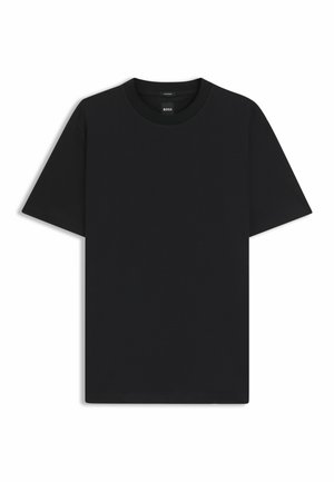 Schwarz T-Shirt mit kurzen Ärmeln aus einem glatten Baumwollmix, mit Rundhalsausschnitt und einem minimalistischen Design ohne Muster oder Akzente.