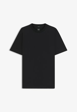 Black short-sleeve T-shirt made from a smooth cotton blend, featuring a crew neckline and a minimalistic design with no patterns or accents.