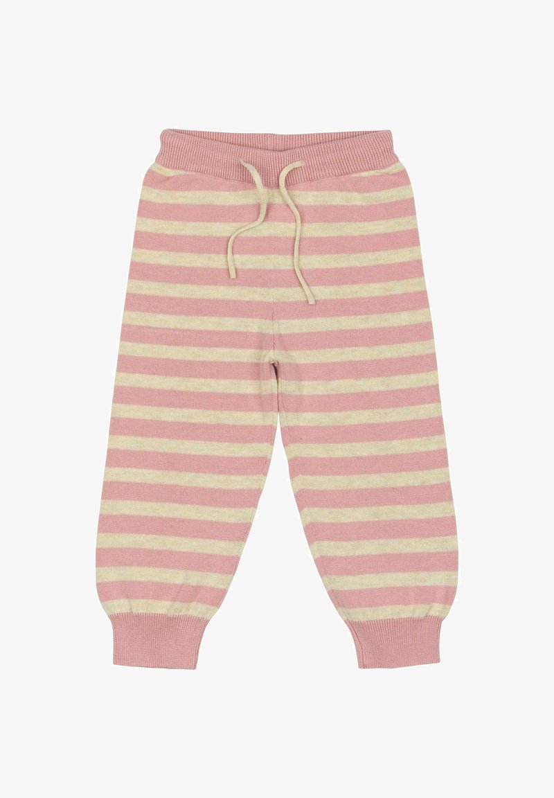 Črtaste trenirka v svetlo roza in krem barvi, z elastičnim pasom in manšetami, narejena iz mehkega, zračnega materiala.