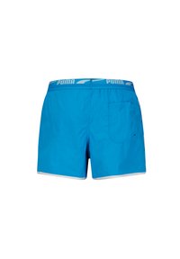 Bañador azul con cintura elástica y logo blanco en la parte superior, que presenta un bolsillo trasero y un dobladillo con ribete blanco contrastante.