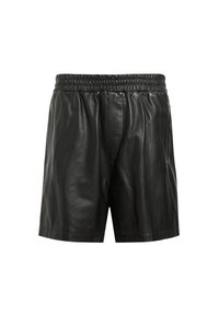 Schwarze Lederhosen mit elastischem Bund, die eine glatte Textur und eine lässige Passform bieten. Keine sichtbaren Taschen oder Verzierungen.
