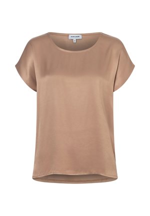 Beige Bluse mit kurzen Ärmeln, rundem Ausschnitt, lockerem Schnitt und "MORE & MORE" Markenetikett am Kragen.