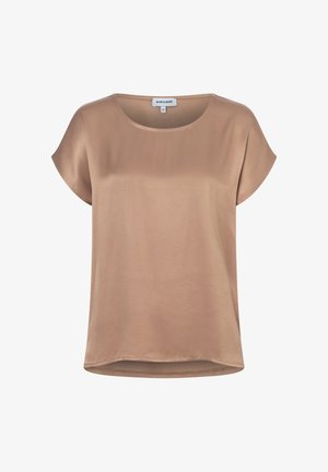 Beige Bluse mit kurzen Ärmeln, rundem Ausschnitt, lockerem Schnitt und "MORE & MORE" Markenetikett am Kragen.