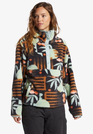 Fleece pullover in mint green with multicolored floral and striped patterns. Features a quarter-zip front and kangaroo pocket.