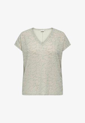 Haut beige clair à manches courtes avec un décolleté en V et un motif abstrait texturé en fil argenté sur l'ensemble du tissu.