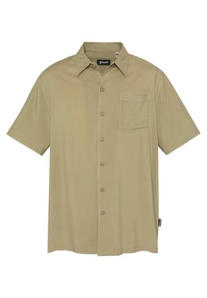 Beige kortærmet skjorte med knapper, krave og brystlomme med broderet "Schott" logo.