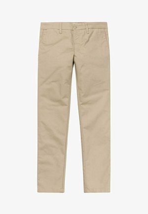 Beige chino's gemaakt van een katoenmix, met een rechte pijp, voorzakken en een knoopsluiting. Gladde textuur met minimale details.