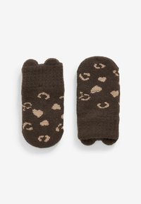 Braune gestrickte fingerlose Handschuhe mit hellbeigen abstrakten Mustern, abgerundeten Oberseiten und einer weichen Textur. Geeignet für die Freizeit.
