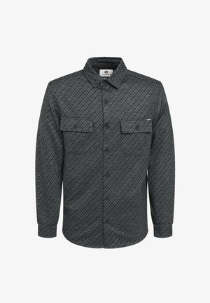Herren Langarmhemd in Dunkelgrau mit Fischgrätenmuster, Knopfleiste, zwei Brusttaschen und Kragen.