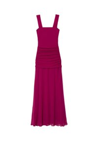 Fuchsia Kleid mit quadratischem Ausschnitt, breiten Trägern und gerafftem Stoff an der Taille, das in einen langen Rock übergeht. Weiches Material mit glatter Oberfläche.