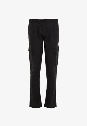 Schwarze Cargo-Hose aus Stoff mit zwei seitlichen Taschen und geradem Bein-Design. Glatte Textur und elastischer Bund.