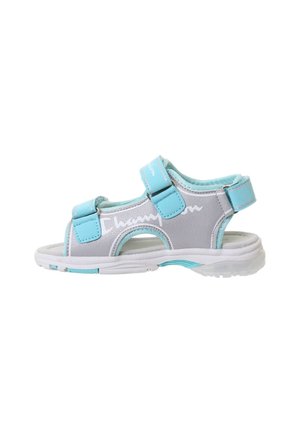 Sandalo sportivo per bambino in grigio e azzurro con cinturini in velcro regolabili e suola ammortizzata.