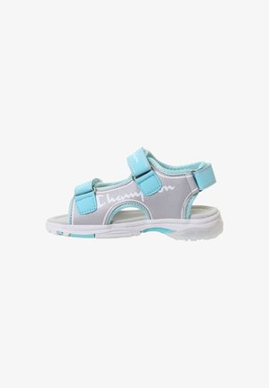 Sandalo sportivo per bambino in grigio e azzurro con cinturini in velcro regolabili e suola ammortizzata.