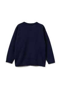 Maglione lavorato a maglia blu navy con maniche lunghe, colletto a giro e orlo a coste. Texture liscia, design semplice, adatto per essere indossato a strati.