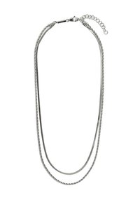 Collana in tono argento con due fili, uno liscio e l'altro attorcigliato. Presenta un gancio a moschettone e una catena regolabile per la lunghezza.