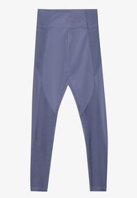 Lilla treningsleggings med tett passform, glatt tekstur og nettingpaneler på sidene for pusteevne. Høyt liv design.
