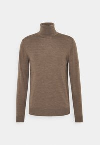 Brauner Rollkragenpullover aus weichem Strickstoff, mit langen Ärmeln und tailliertem Design, sowie gerippten Bündchen und Kragen.