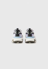 Sneakers with a sleek design, featuring a black and purple mesh upper, blue accents, and a thick white outsole with textured patterns.
