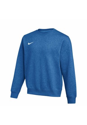 Felpa blu a maniche lunghe con scollo rotondo e piccolo logo Nike Swoosh bianco sulla parte superiore sinistra del petto, realizzata in tessuto morbido.