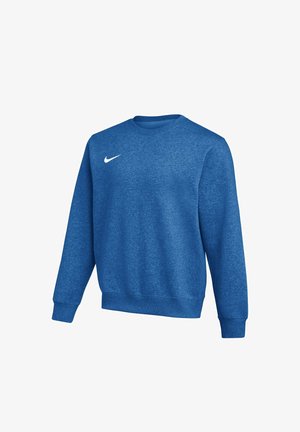 Blaues Sweatshirt mit langen Ärmeln und Rundhalsausschnitt, mit kleinem weißem Nike Swoosh-Logo auf der oberen linken Brust, aus weichem Stoff gefertigt.