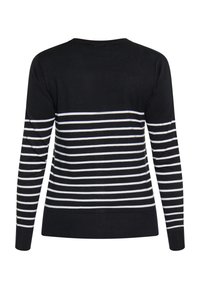 Maglione a righe bianco e nero con maniche lunghe, collo rotondo, polsini e orlo a costine. Righe orizzontali di diverse larghezze lungo il corpo.