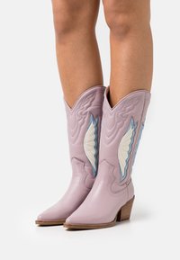 Różowe skórzane kowbojskie buty z ostrymi noskami, akcentami w kształcie skrzydeł w kolorze białym i niebieskim oraz krótkim, grubym obcasem. Złożone detale wyszycia.