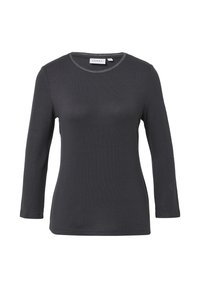 Schwarzes Langarmshirt aus geripptem Stoff, mit rundem Halsausschnitt und kontrastierendem Besatz sowie figurnahem Schnitt. Keine Muster oder Akzente.