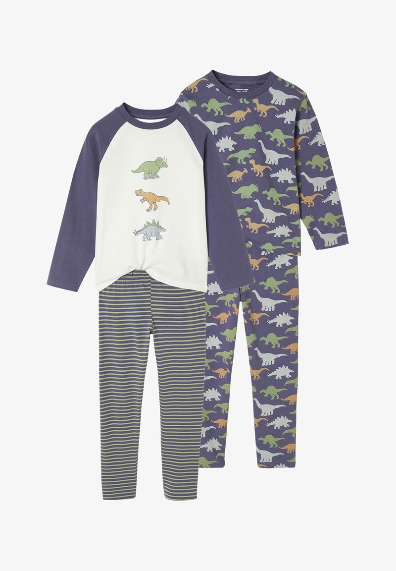 Dreiteiliges Schlafanzugset mit einem weißen und lila Oberteil mit Dinosaurier-Motiven und lila Hosen mit grünen und orangen Dinosaurier-Mustern.
