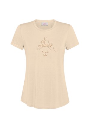 Beige T-shirt med korte ærmer lavet af blødt stof. Har en minimalistisk stregtegning af hænder og teksten "re-pose." Rund halsudskæring, afslappet pasform.