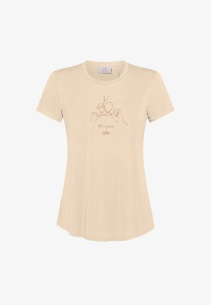 Beige T-shirt met korte mouwen gemaakt van zachte stof. Voorzien van een minimalistische lijntekening van handen en de tekst "re-pose." Rondlopende halslijn, relaxte pasvorm.