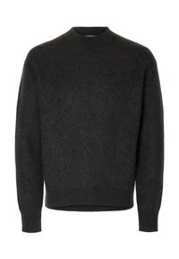 Pull à manches longues gris foncé, duveteux, avec col rond, poignets et ourlet côtelés.