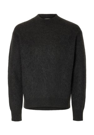 Tmavě šedý chlupatý svetr s dlouhým rukávem, kulatým výstřihem a žebrovanými manžetami a lemem.