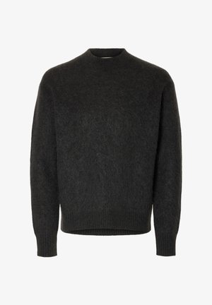 Tumehall, karvane, pika varrukaga kampsun, millel on ümar kaelus ning soonikuga mansettid ja ääred.