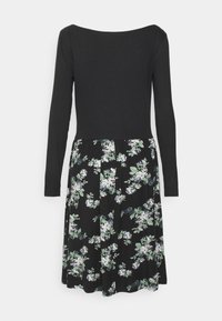 Black long-sleeve dress with a fitted top and a flared skirt featuring a white and green floral pattern on a dark background.