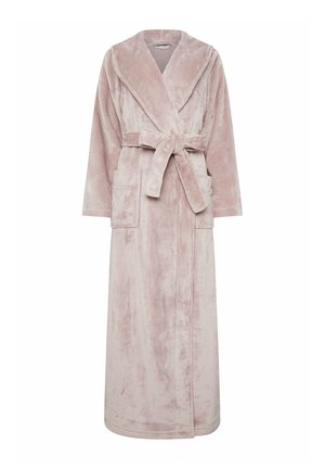 Long peignoir rose doux avec col châle, deux poches avant et une ceinture nouée à la taille, présenté sur fond blanc.