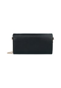 Borsa a tracolla nera rettangolare in pelle con catena dorata su uno sfondo bianco.