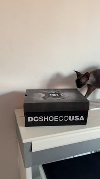 Caixa de sapato preta com acabamento mate, apresentando texto branco "DCSHOECOUSA." O design inclui um logótipo e um padrão em relevo subtil na tampa.