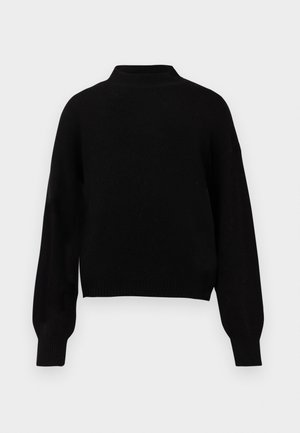 Fekete kötött pulóver magas nyakrésszel, eséses vállakkal és hosszú ujjakra készült. Bordázott mandzsettákkal és hemline-nel rendelkezik, ami testre szabott megjelenést kölcsönöz.
