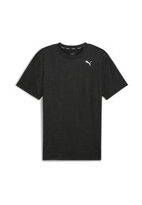 Čierne tričko s krátkym rukávom s jemným vzorom, okrúhlym výstrihom a bielym logom Puma na hornej ľavej časti hrude.