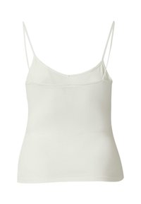 Witte, aangesloten camisetetop met dunne spaghettibandjes, gemaakt van glad, rekbaar stof. Heeft een ronde halslijn en een strak ontwerp.