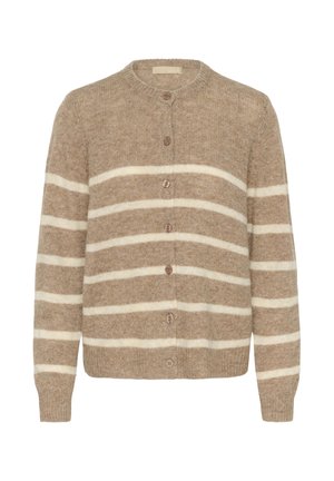 Šviesiai rudas kardiganas, pagamintas iš švelnios vilnos, su baltais horizontaliais dryžiais, apvaliu kaklu, užsegamu priekyje ir ilgomis rankovėmis.