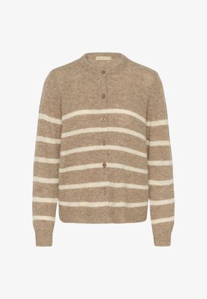 Cardigan beige realizzato in morbida lana con strisce orizzontali bianche, caratterizzato da un collo rotondo, chiusura frontale con bottoni e maniche lunghe.