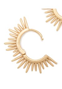 Gold hoop earrings featuring a crescent shape with elongated spikes around the outer edge. Textured finish with a polished look.