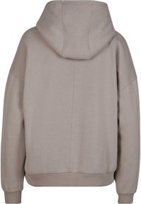 Sweat à capuche gris clair avec une grande capuche, des poignets et un ourlet côtelés. Tissu texturé avec une coupe décontractée et des coutures minimales.
