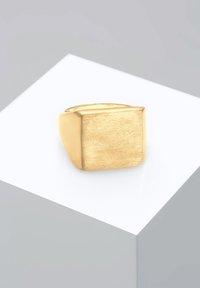 Anello sigillo in oro con finitura spazzolata, dotato di una parte superiore quadrata e lati arrotondati, esposto su un piedistallo bianco.